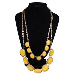 Yellow Cabochon Statement Necklace Gold Tone Double Strand Chunky Layered Boho